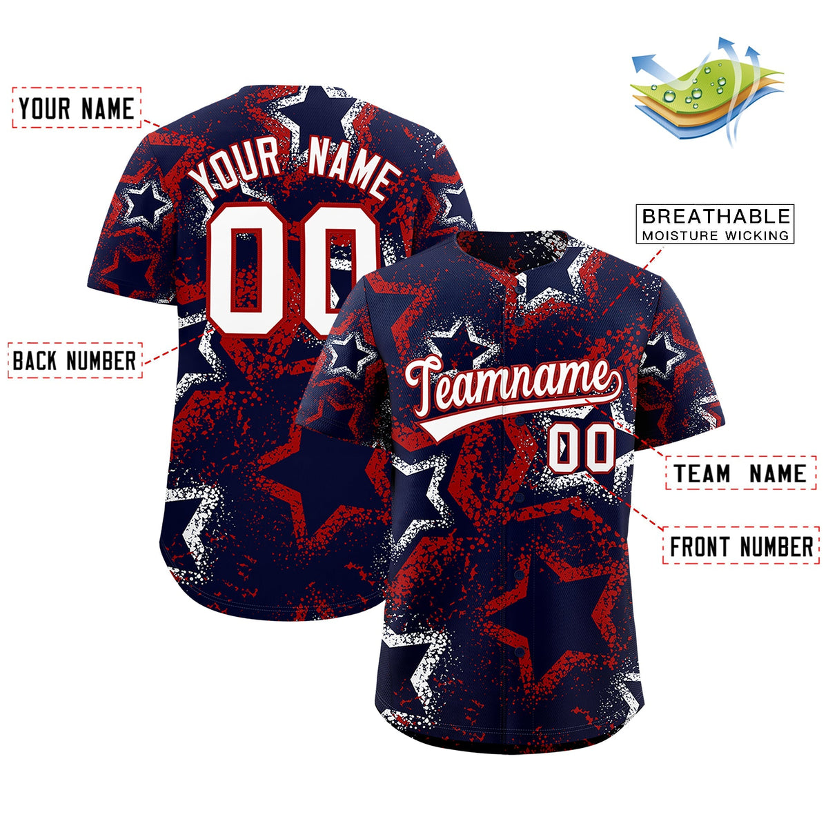Custom Navy White Red Star-Shaped Ink Texture Graffiti Pattern Baseball Jersey | Sublimation Printed & Stitched,Add Name and Numbern,Perfect for Parties,Perfect for Training | KXKSHOP