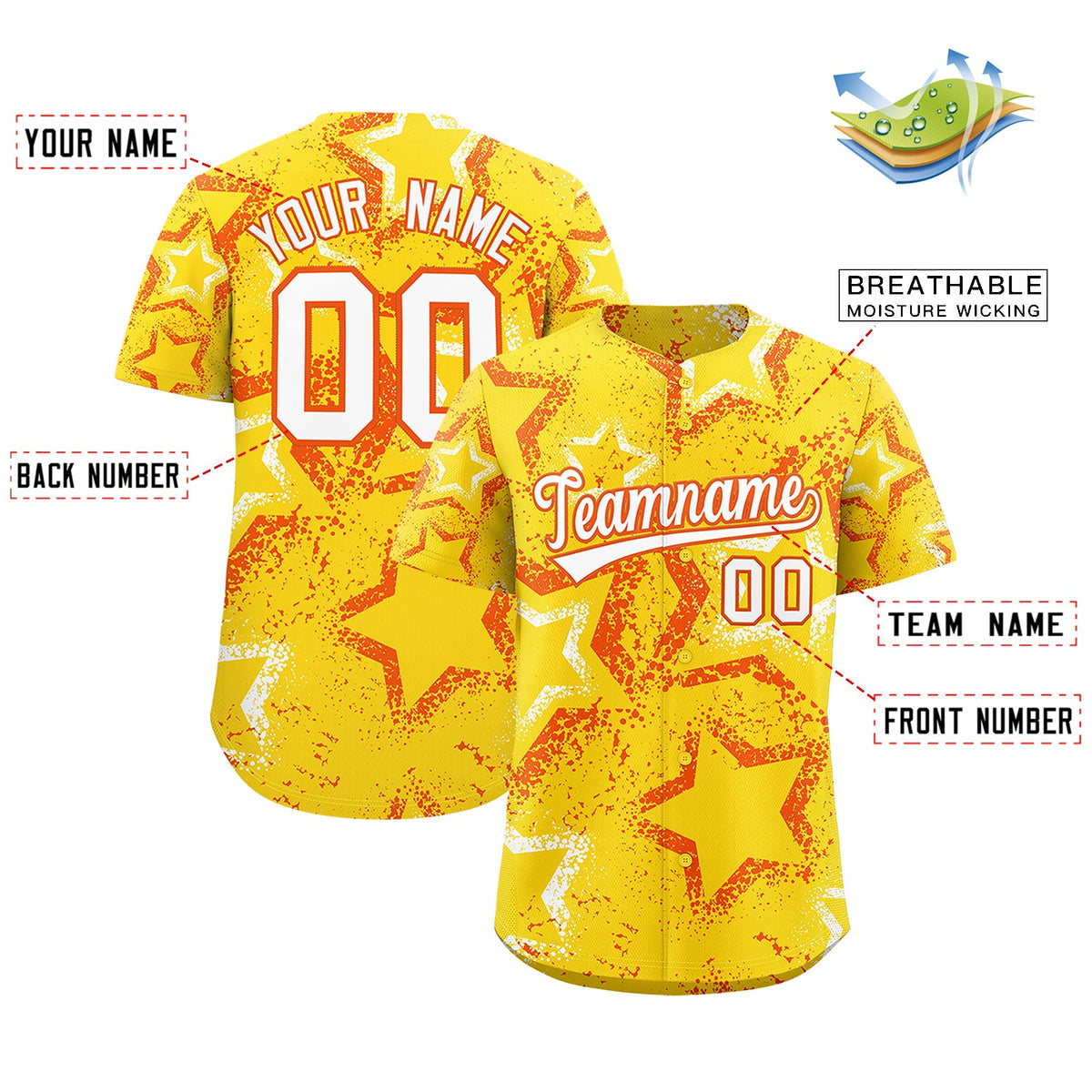 Custom Gold Orange White Star-Shaped Ink Texture Graffiti Pattern Baseball Jersey | Sublimation Printed & Stitched,Add Name and Numbern,Perfect for Parties,Perfect for Training | KXKSHOP