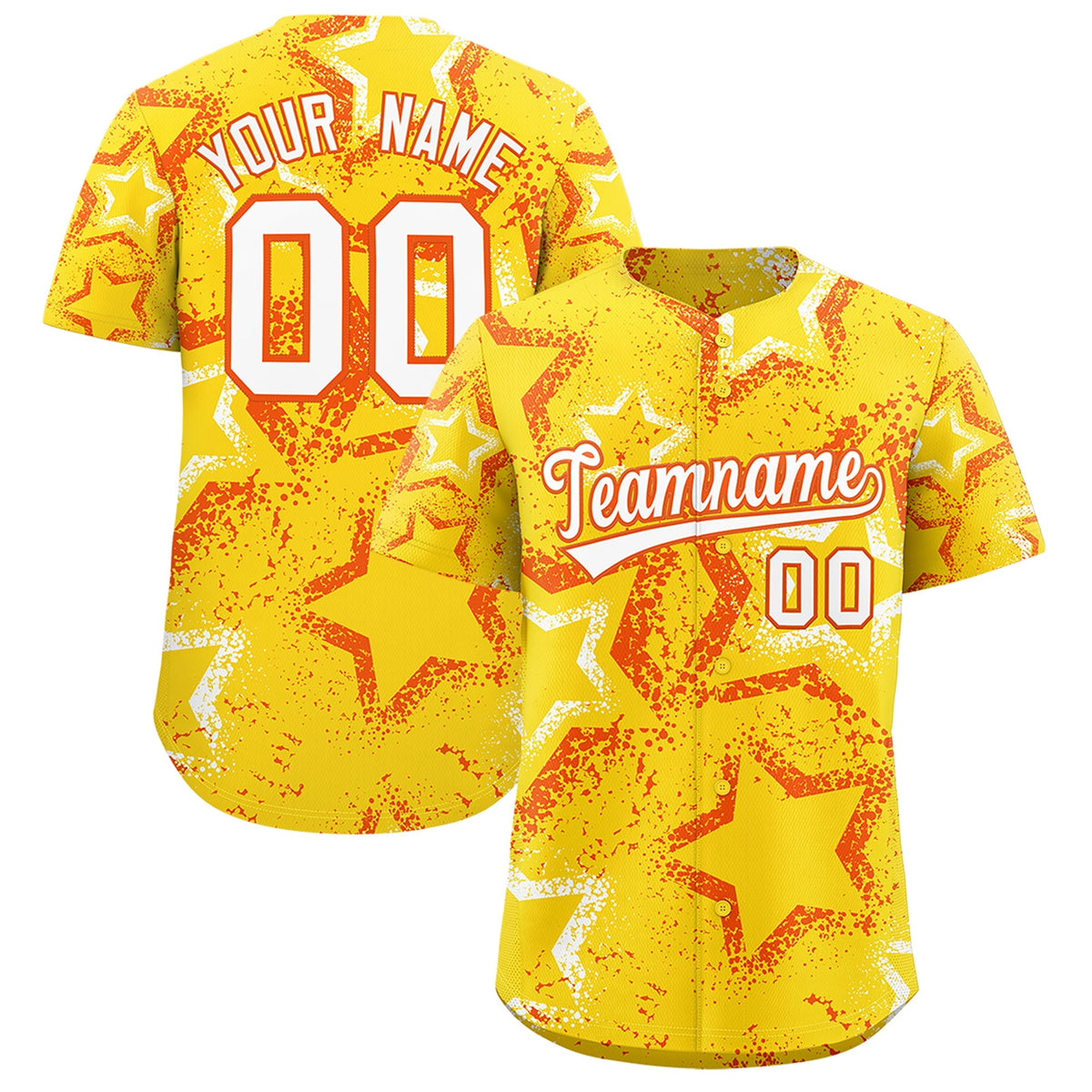 Custom Gold Orange White Star-Shaped Ink Texture Graffiti Pattern Baseball Jersey | Sublimation Printed & Stitched,Add Name and Numbern,Perfect for Parties,Perfect for Training | KXKSHOP
