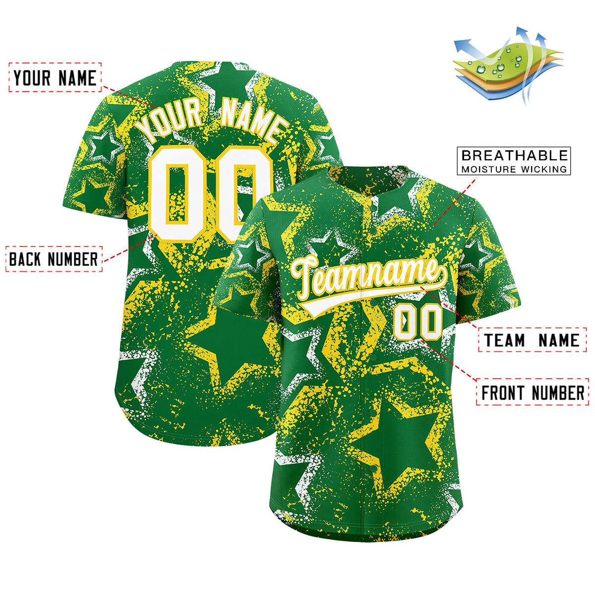 Custom Kelly Green White Gold Star-Shaped Ink Texture Graffiti Pattern Baseball Jersey | Sublimation Printed & Stitched,Add Name and Numbern,Perfect for Parties,Perfect for Training | KXKSHOP