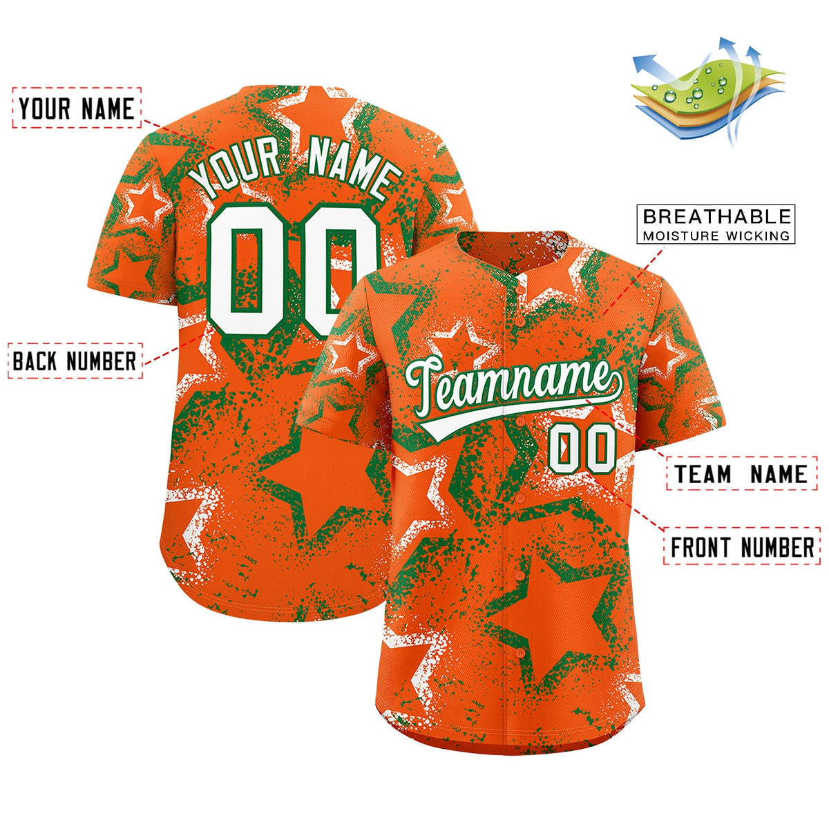 Custom Orange Kelly Green White Star-Shaped Ink Texture Graffiti Pattern Baseball Jersey | Sublimation Printed & Stitched,Add Name and Numbern,Perfect for Parties,Perfect for Training | KXKSHOP