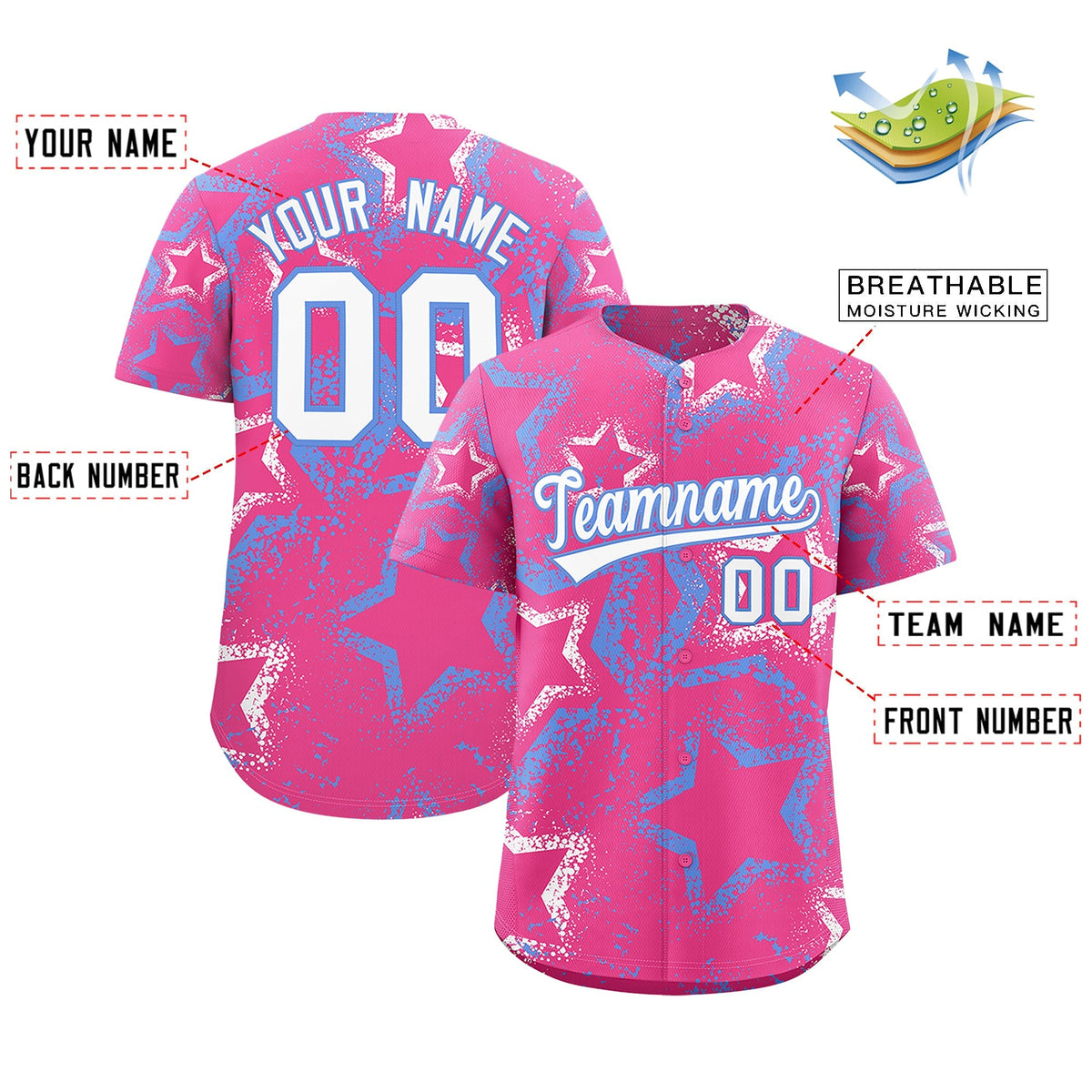 Custom Pink White Light Blue Star-Shaped Ink Texture Graffiti Pattern Baseball Jersey | Sublimation Printed &amp; Stitched,Add Name and Numbern,Perfect for Parties,Perfect for Training | KXKSHOP