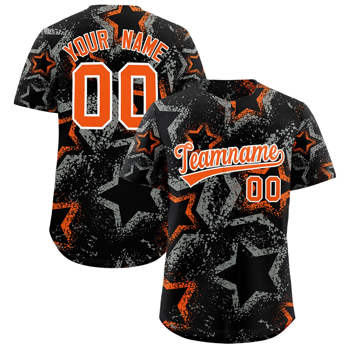 Custom Black Orange White Star-Shaped Ink Texture Graffiti Pattern Baseball Jersey | Sublimation Printed & Stitched,Add Name and Numbern,Perfect for Parties,Perfect for Training | KXKSHOP