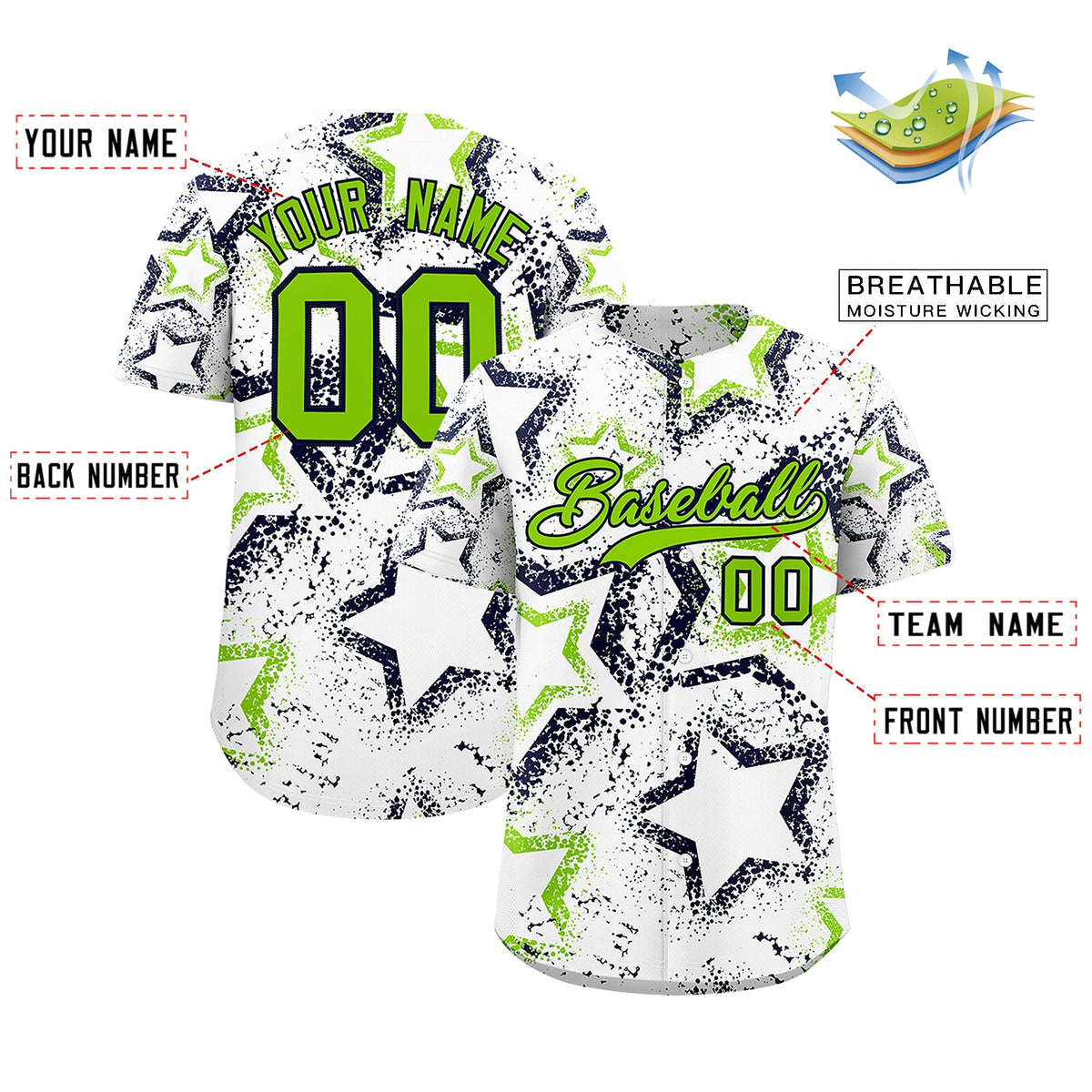 Custom White Neon Green Navy Star-Shaped Ink Texture Graffiti Pattern Baseball Jersey | Sublimation Printed &amp; Stitched,Add Name and Numbern,Perfect for Parties,Perfect for Training | KXKSHOP
