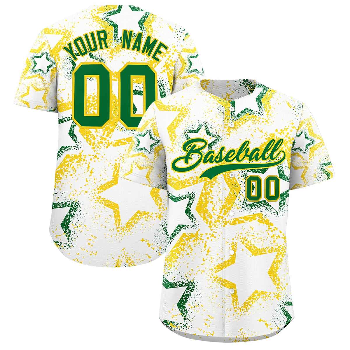 Custom White Gold Kelly Green Star-Shaped Ink Texture Graffiti Pattern Baseball Jersey | Sublimation Printed &amp; Stitched,Add Name and Numbern,Perfect for Parties,Perfect for Training | KXKSHOP