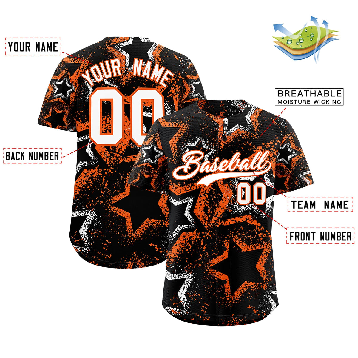 Custom Black White Orange Star-Shaped Ink Texture Graffiti Pattern Baseball Jersey | Sublimation Printed & Stitched,Add Name and Numbern,Perfect for Parties,Perfect for Training | KXKSHOP