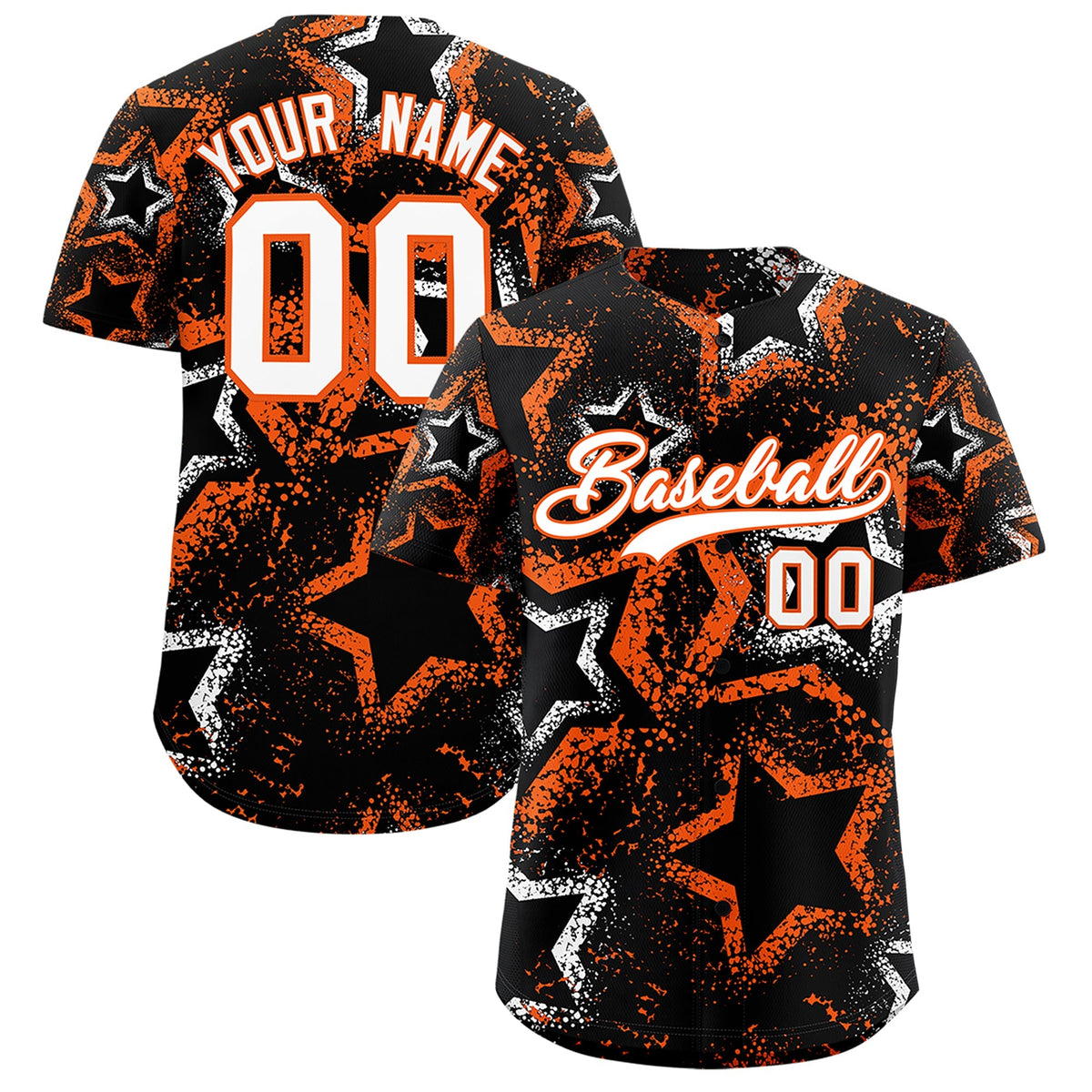 Custom Black White Orange Star-Shaped Ink Texture Graffiti Pattern Baseball Jersey | Sublimation Printed & Stitched,Add Name and Numbern,Perfect for Parties,Perfect for Training | KXKSHOP