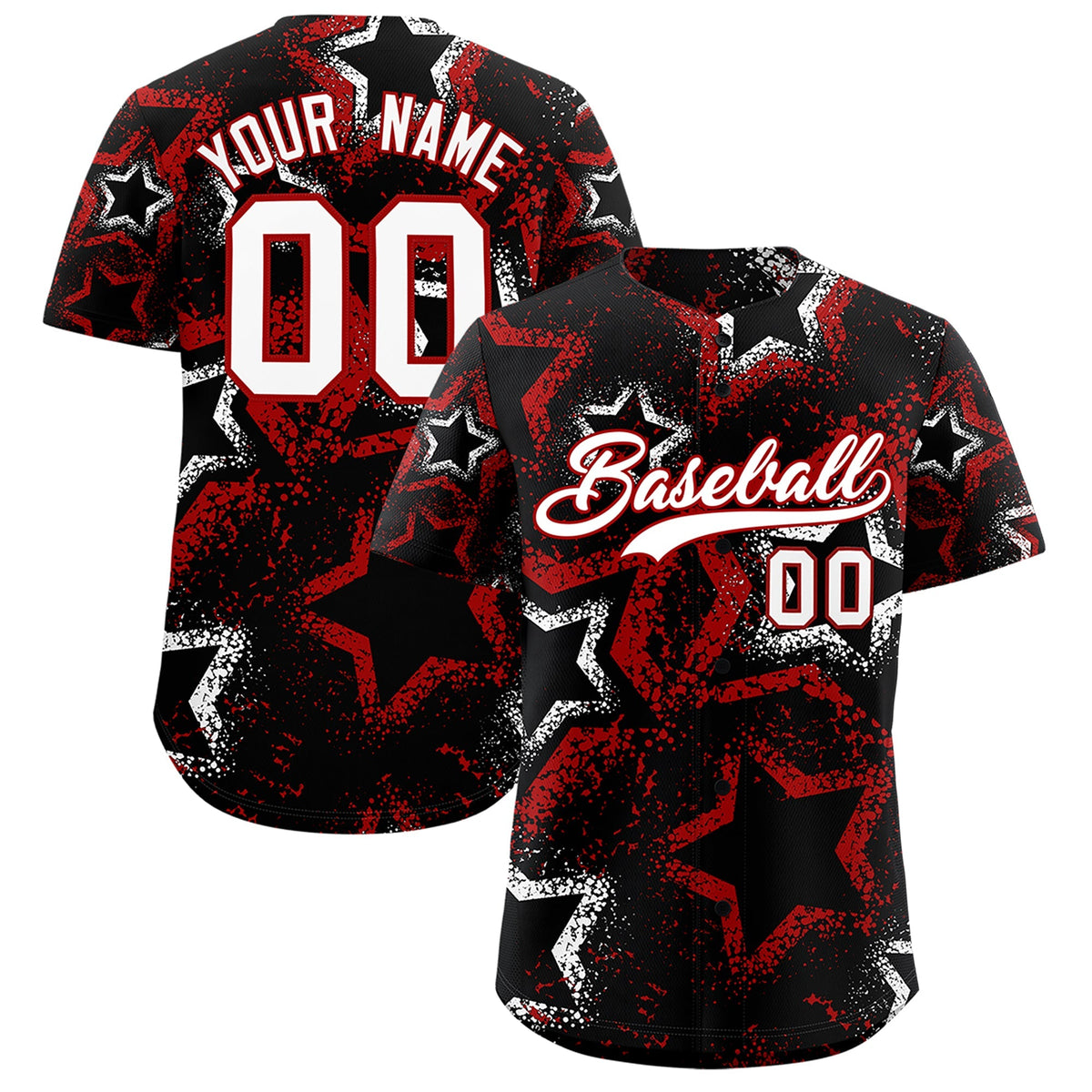 Custom Black White Red Star-Shaped Ink Texture Graffiti Pattern Baseball Jersey | Sublimation Printed & Stitched,Add Name and Numbern,Perfect for Parties,Perfect for Training | KXKSHOP