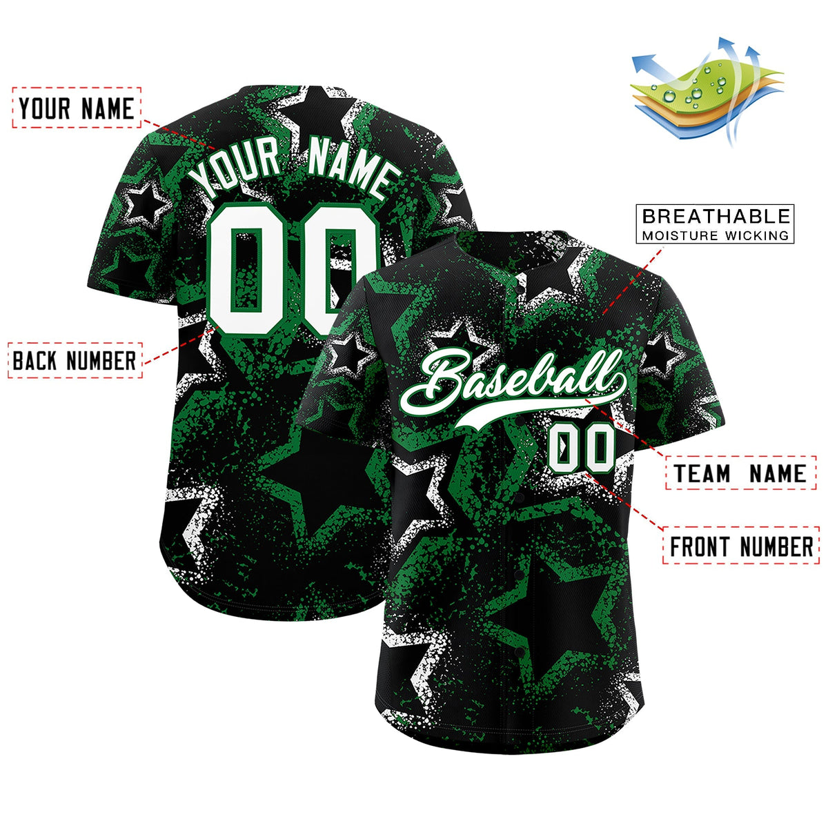 Custom Black White Kelly Green Star-Shaped Ink Texture Graffiti Pattern Baseball Jersey | Sublimation Printed &amp; Stitched,Add Name and Numbern,Perfect for Parties,Perfect for Training | KXKSHOP