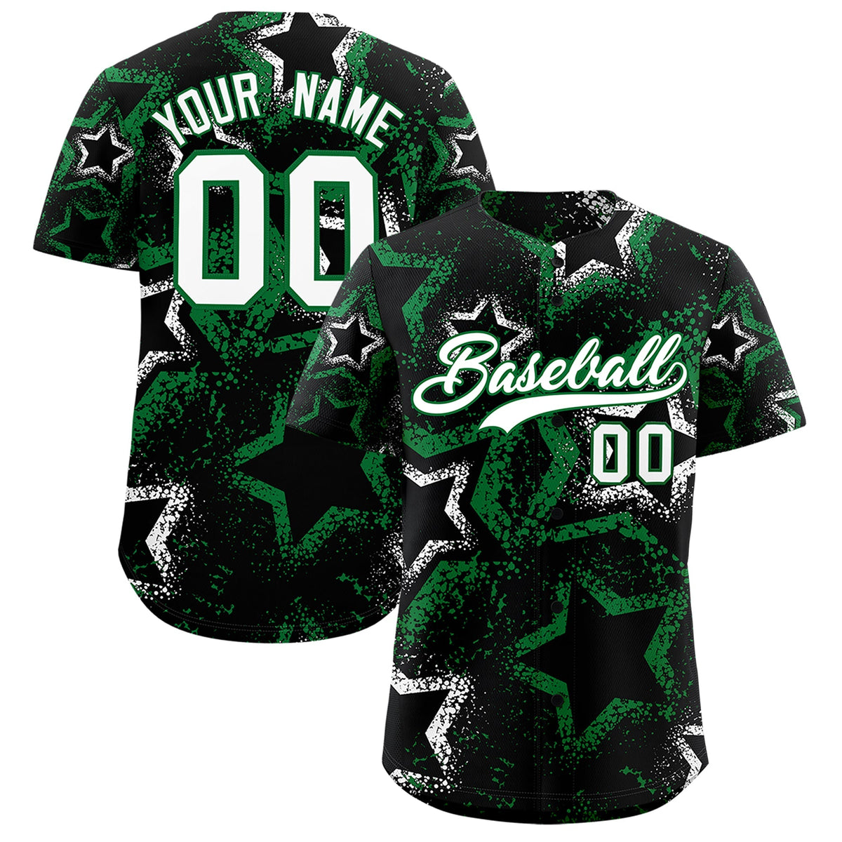 Custom Black White Kelly Green Star-Shaped Ink Texture Graffiti Pattern Baseball Jersey | Sublimation Printed &amp; Stitched,Add Name and Numbern,Perfect for Parties,Perfect for Training | KXKSHOP