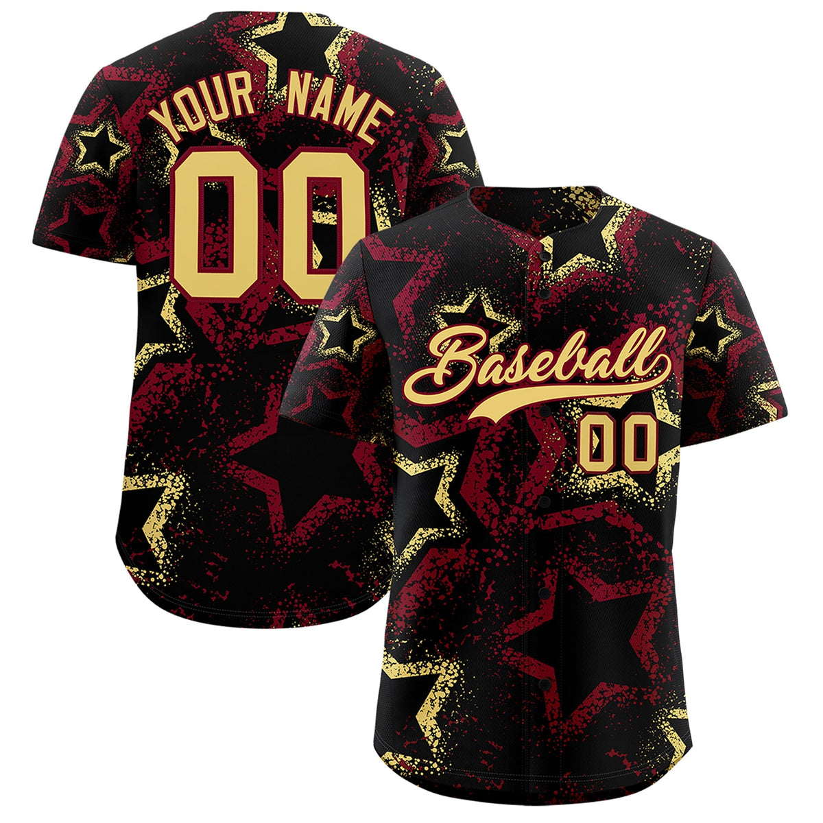 Custom Black Khaki Crimson Star-Shaped Ink Texture Graffiti Pattern Baseball Jersey | Sublimation Printed &amp; Stitched,Add Name and Numbern,Perfect for Parties,Perfect for Training | KXKSHOP
