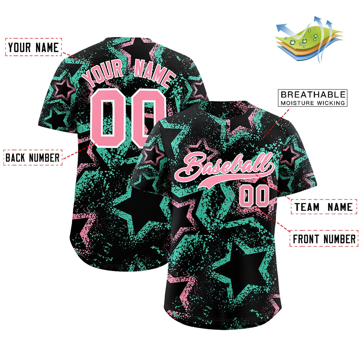 Custom Black Light Pink White Star-Shaped Ink Texture Graffiti Pattern Baseball Jersey | Sublimation Printed & Stitched,Add Name and Numbern,Perfect for Parties,Perfect for Training | KXKSHOP
