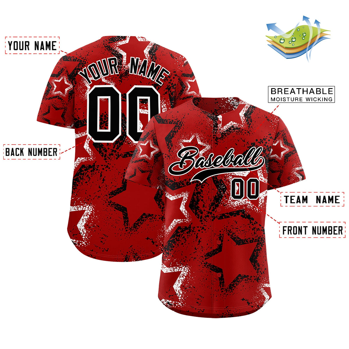 Custom Red White Black Star-Shaped Ink Texture Graffiti Pattern Baseball Jersey | Sublimation Printed & Stitched,Add Name and Numbern,Perfect for Parties,Perfect for Training | KXKSHOP