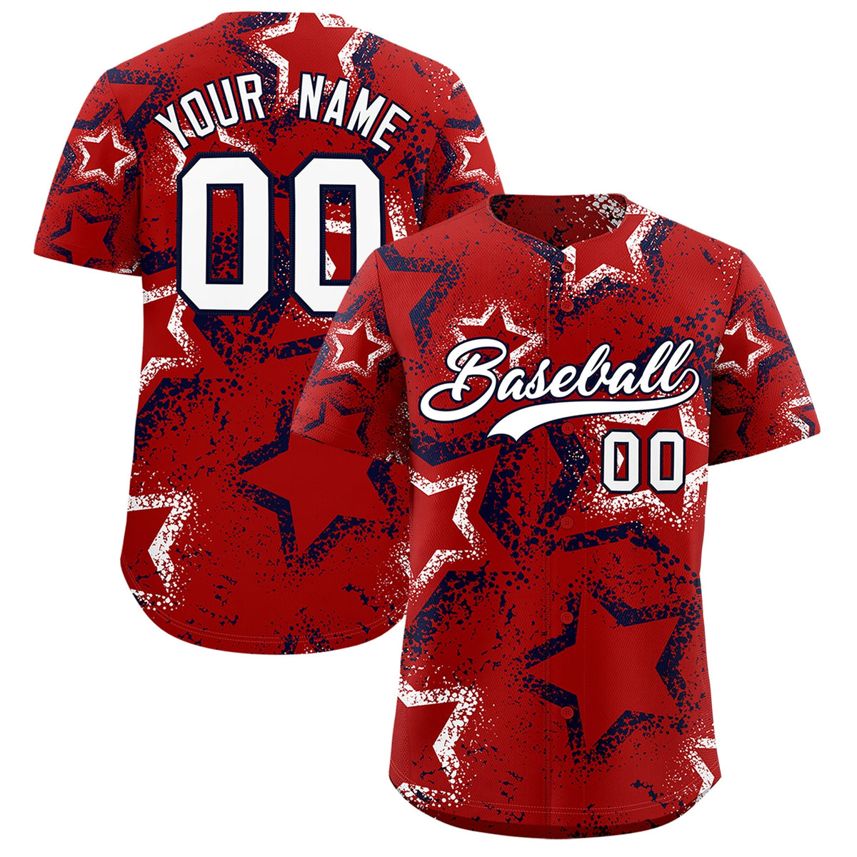 Custom Red White Navy Star-Shaped Ink Texture Graffiti Pattern Baseball Jersey | Sublimation Printed & Stitched,Add Name and Numbern,Perfect for Parties,Perfect for Training | KXKSHOP