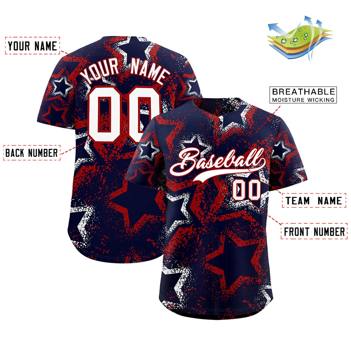 Custom Navy White Red Star-Shaped Ink Texture Graffiti Pattern Baseball Jersey | Sublimation Printed & Stitched,Add Name and Numbern,Perfect for Parties,Perfect for Training | KXKSHOP