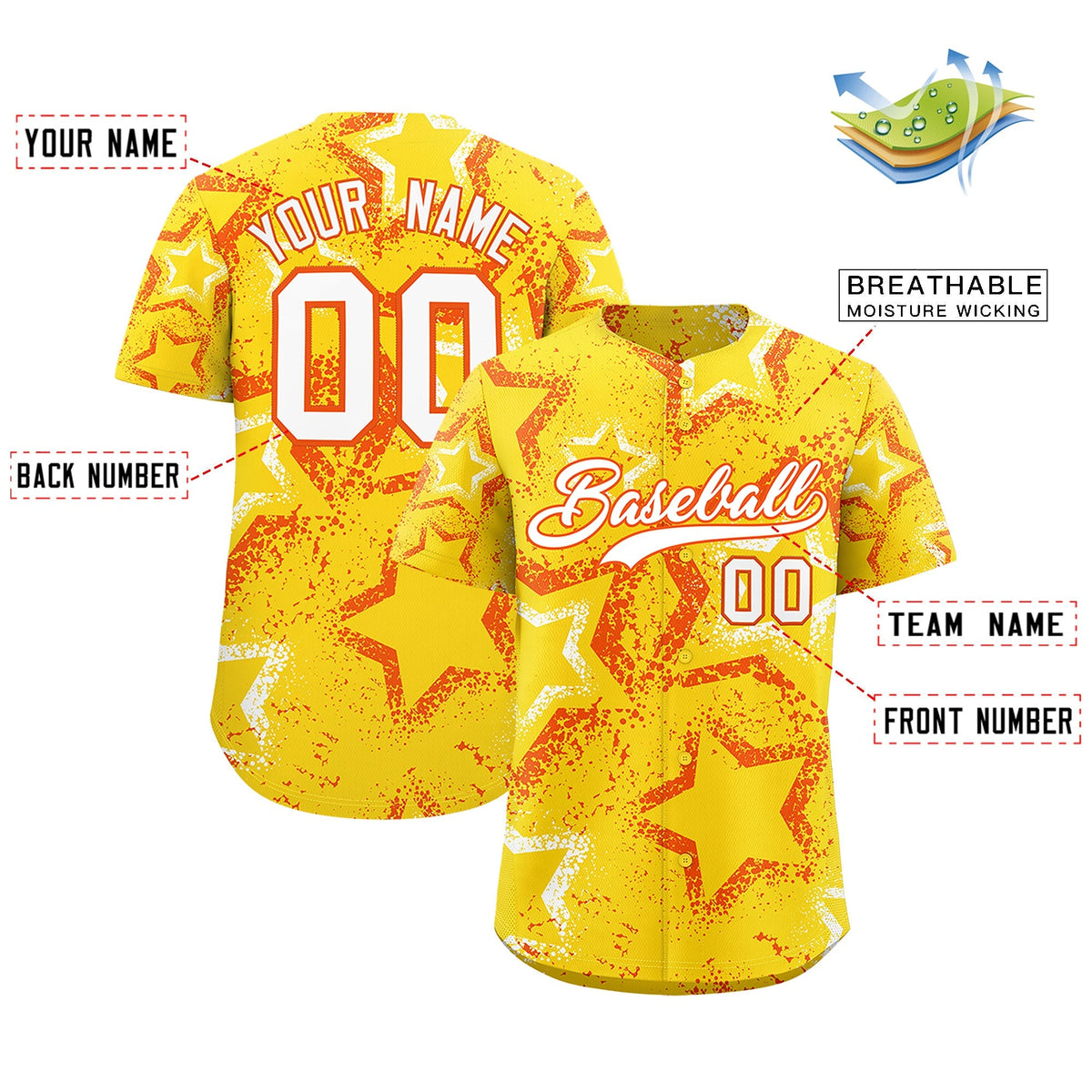 Custom Gold Orange White Star-Shaped Ink Texture Graffiti Pattern Baseball Jersey | Sublimation Printed & Stitched,Add Name and Numbern,Perfect for Parties,Perfect for Training | KXKSHOP