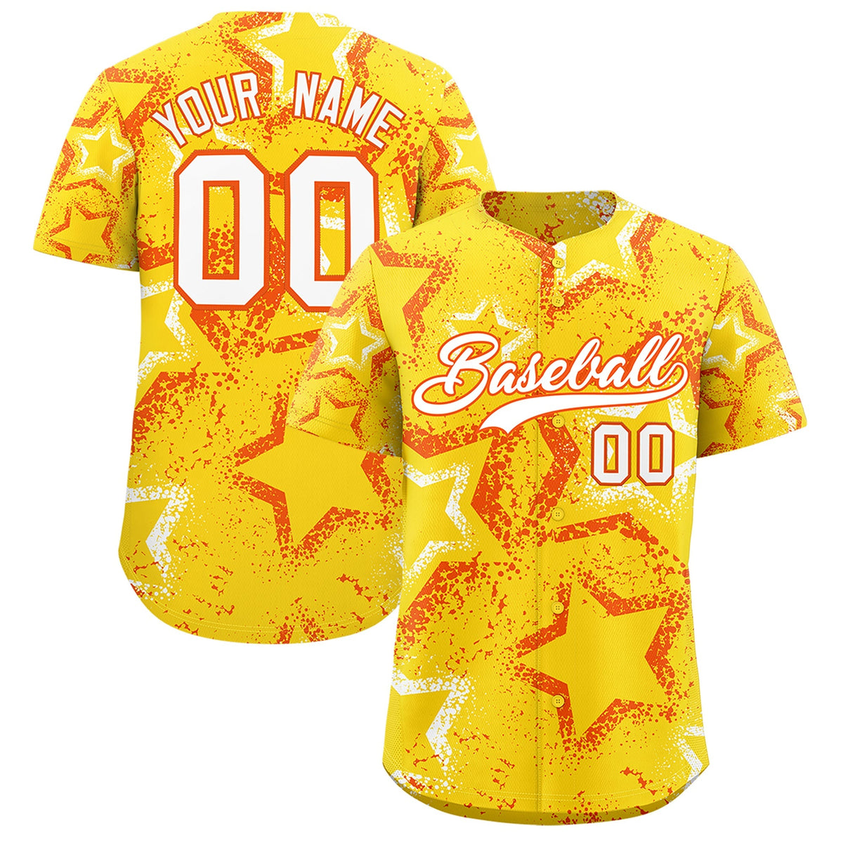 Custom Gold Orange White Star-Shaped Ink Texture Graffiti Pattern Baseball Jersey | Sublimation Printed & Stitched,Add Name and Numbern,Perfect for Parties,Perfect for Training | KXKSHOP