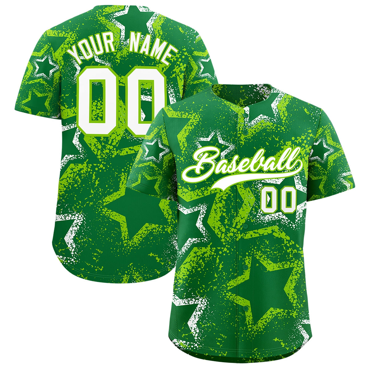 Custom Kelly Green White Neon Green Star-Shaped Ink Texture Graffiti Pattern Baseball Jersey | Sublimation Printed &amp; Stitched,Add Name and Numbern,Perfect for Parties,Perfect for Training | KXKSHOP