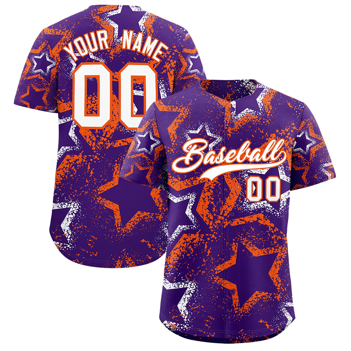 Custom Purple White Orange Star-Shaped Ink Texture Graffiti Pattern Baseball Jersey | Sublimation Printed & Stitched,Add Name and Numbern,Perfect for Parties,Perfect for Training | KXKSHOP