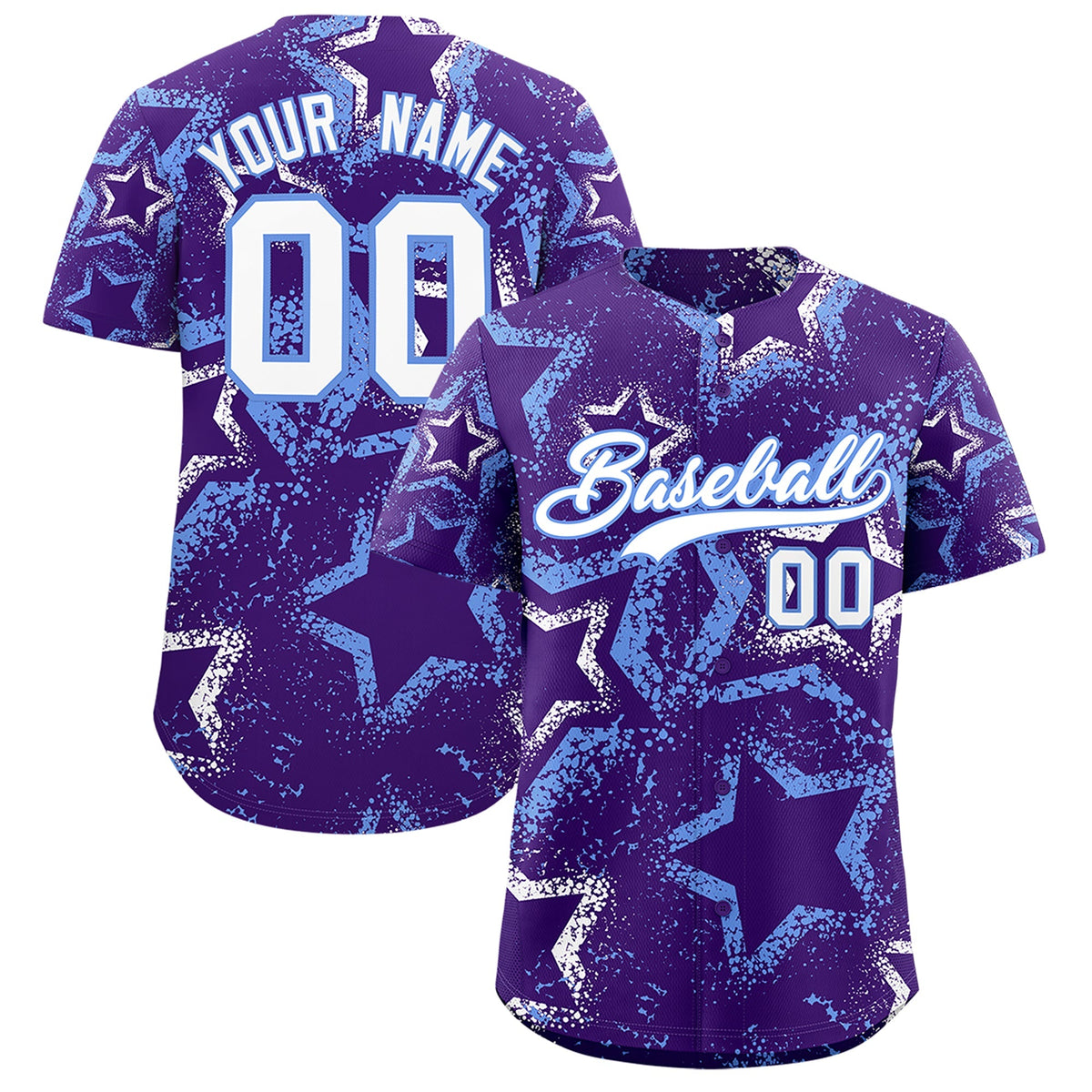 Custom Purple White Light Blue Star-Shaped Ink Texture Graffiti Pattern Baseball Jersey | Sublimation Printed &amp; Stitched,Add Name and Numbern,Perfect for Parties,Perfect for Training | KXKSHOP