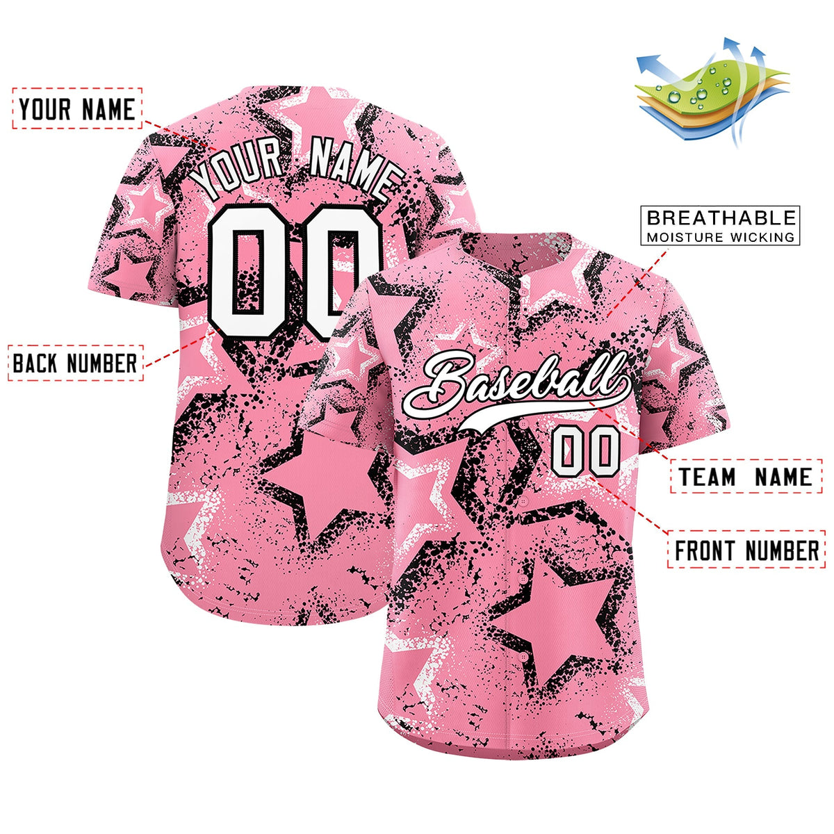Custom Light Pink White Black Star-Shaped Ink Texture Graffiti Pattern Baseball Jersey | Sublimation Printed & Stitched,Add Name and Numbern,Perfect for Parties,Perfect for Training | KXKSHOP