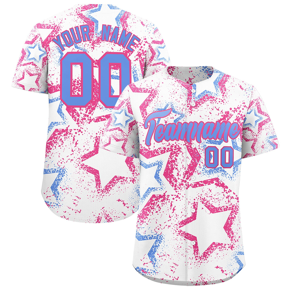 Custom White Pink Light Blue Star-Shaped Ink Texture Graffiti Pattern Baseball Jersey | Sublimation Printed &amp; Stitched,Add Name and Numbern,Perfect for Parties,Perfect for Training | KXKSHOP