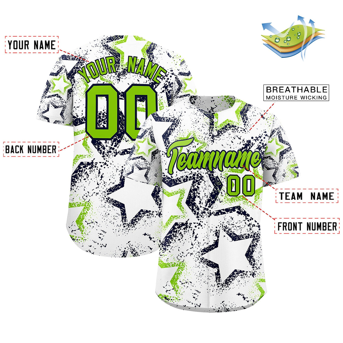 Custom White Neon Green Navy Star-Shaped Ink Texture Graffiti Pattern Baseball Jersey | Sublimation Printed &amp; Stitched,Add Name and Numbern,Perfect for Parties,Perfect for Training | KXKSHOP