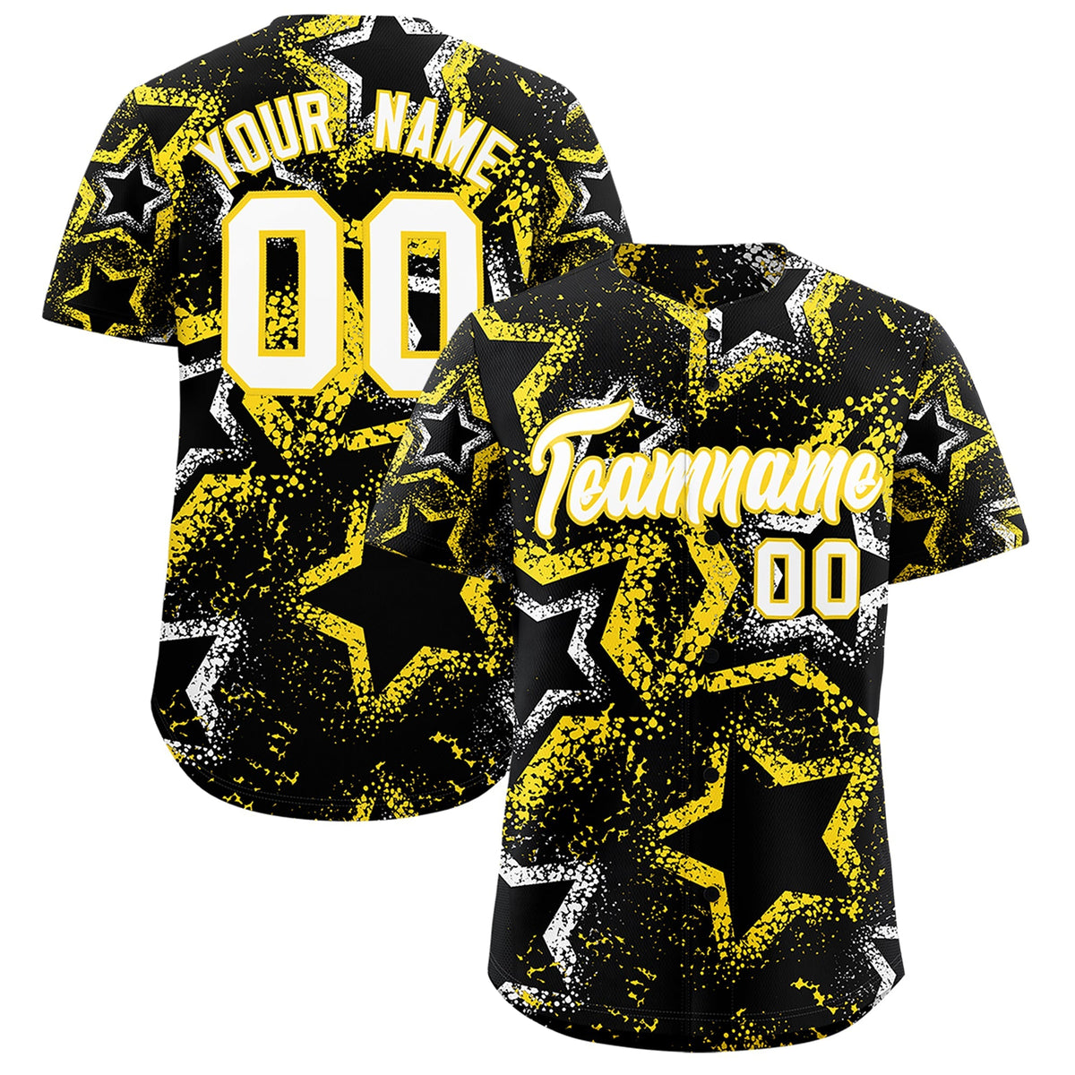 Custom Black White Gold Star-Shaped Ink Texture Graffiti Pattern Baseball Jersey | Sublimation Printed & Stitched,Add Name and Numbern,Perfect for Parties,Perfect for Training | KXKSHOP