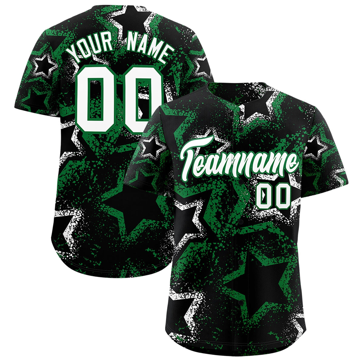 Custom Black White Kelly Green Star-Shaped Ink Texture Graffiti Pattern Baseball Jersey | Sublimation Printed &amp; Stitched,Add Name and Numbern,Perfect for Parties,Perfect for Training | KXKSHOP