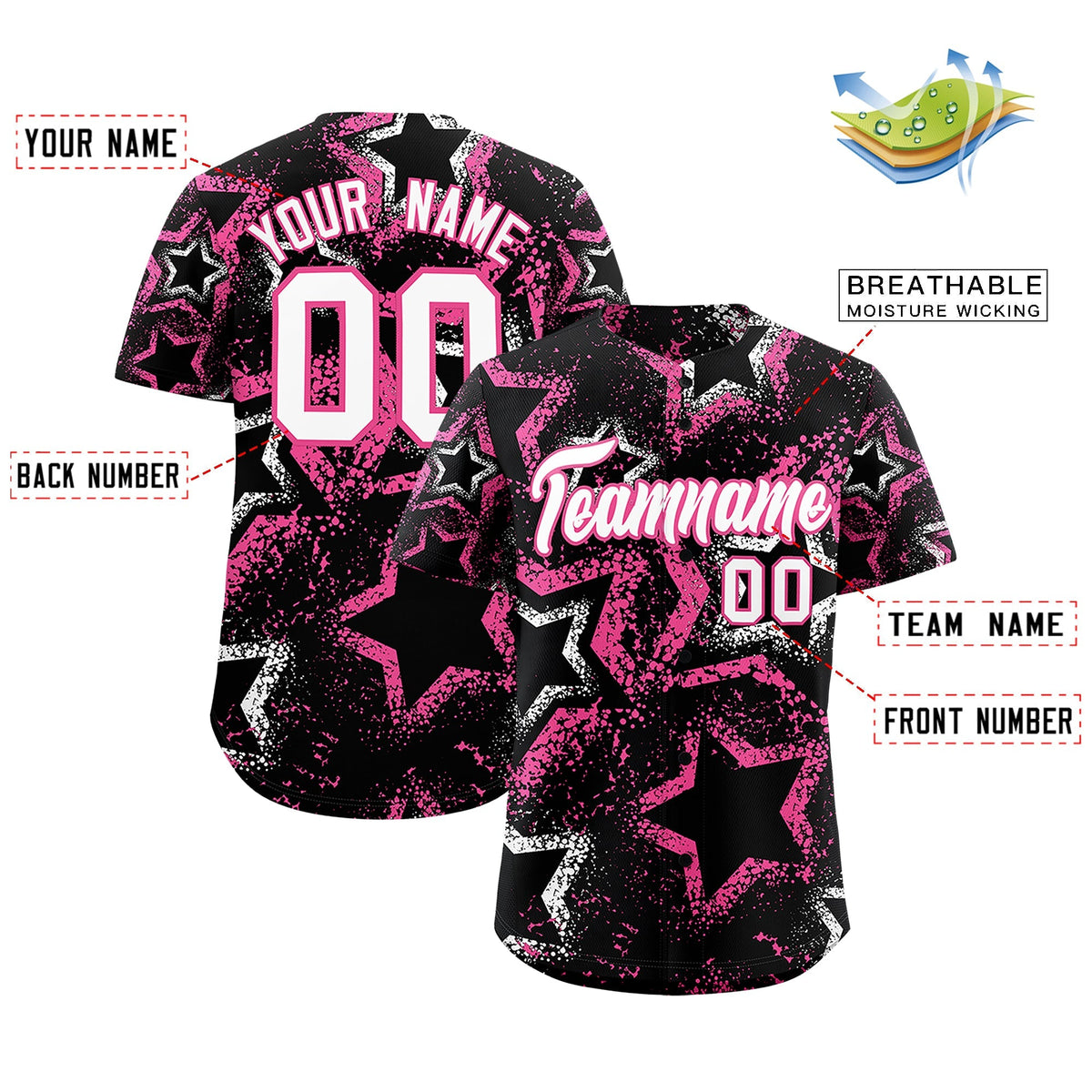 Custom Black White Pink Star-Shaped Ink Texture Graffiti Pattern Baseball Jersey | Sublimation Printed &amp; Stitched,Add Name and Numbern,Perfect for Parties,Perfect for Training | KXKSHOP