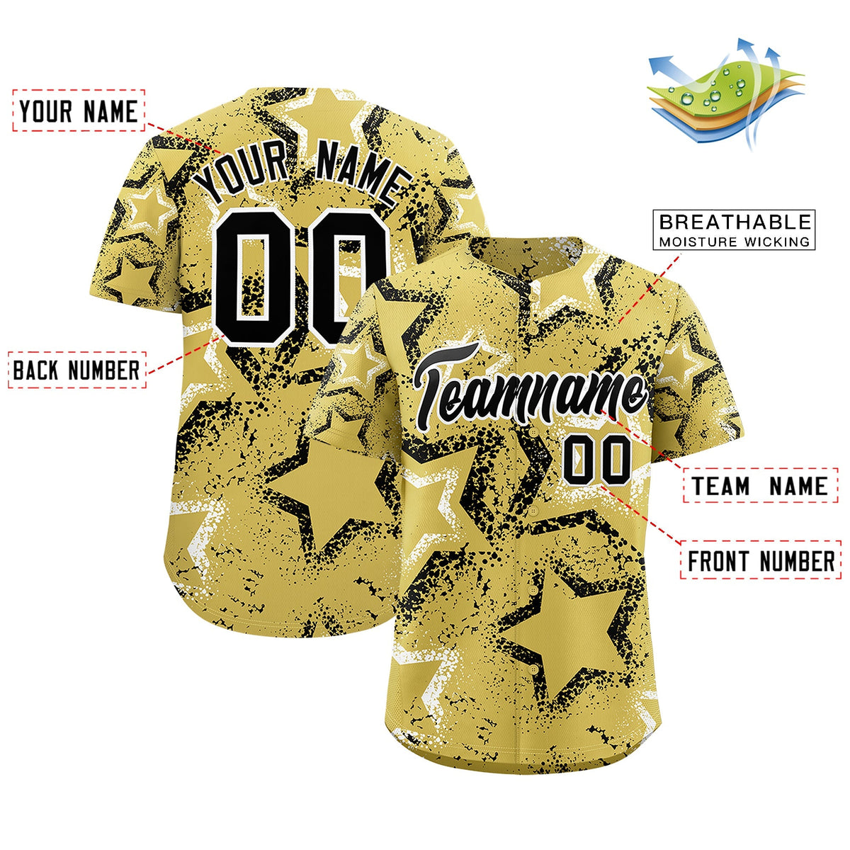 Custom Old Gold White Black Star-Shaped Ink Texture Graffiti Pattern Baseball Jersey | Sublimation Printed & Stitched,Add Name and Numbern,Perfect for Parties,Perfect for Training | KXKSHOP
