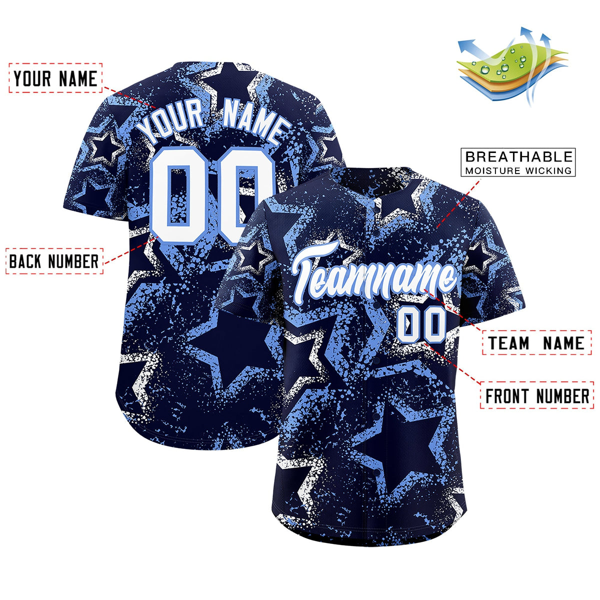 Custom Navy White Light Blue Star-Shaped Ink Texture Graffiti Pattern Baseball Jersey | Sublimation Printed &amp; Stitched,Add Name and Numbern,Perfect for Parties,Perfect for Training | KXKSHOP