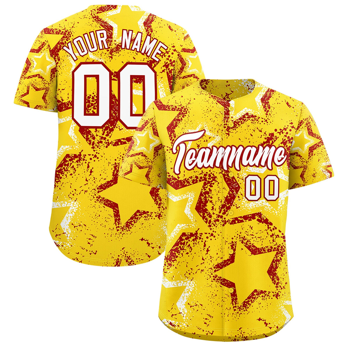 Custom Gold White Red Star-Shaped Ink Texture Graffiti Pattern Baseball Jersey | Sublimation Printed & Stitched,Add Name and Numbern,Perfect for Parties,Perfect for Training | KXKSHOP