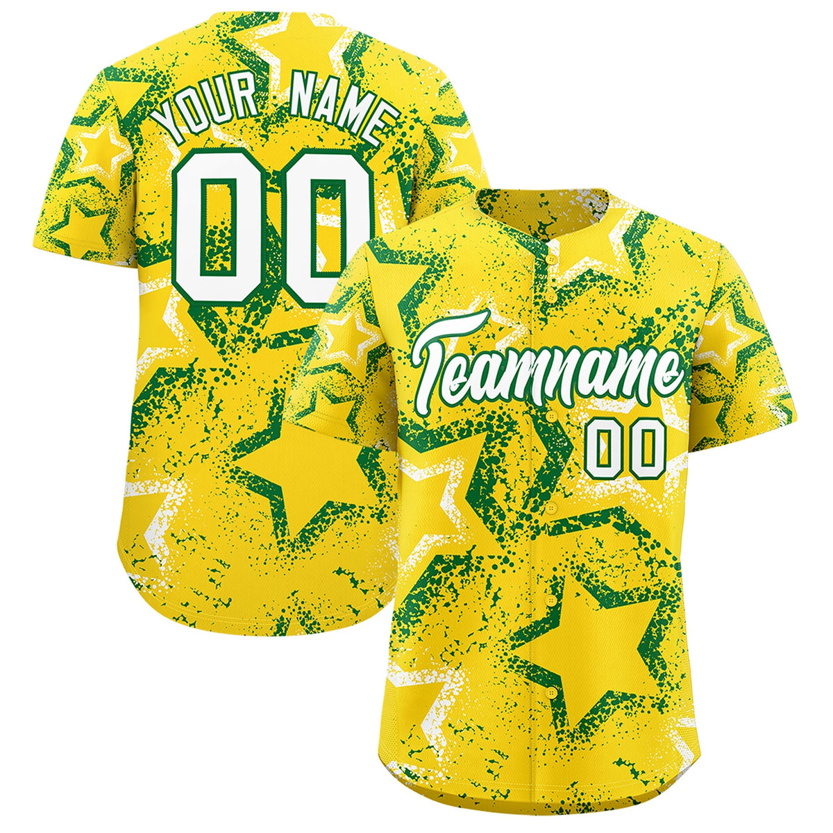 Custom Gold White Kelly Green Star-Shaped Ink Texture Graffiti Pattern Baseball Jersey | Sublimation Printed & Stitched,Add Name and Numbern,Perfect for Parties,Perfect for Training | KXKSHOP