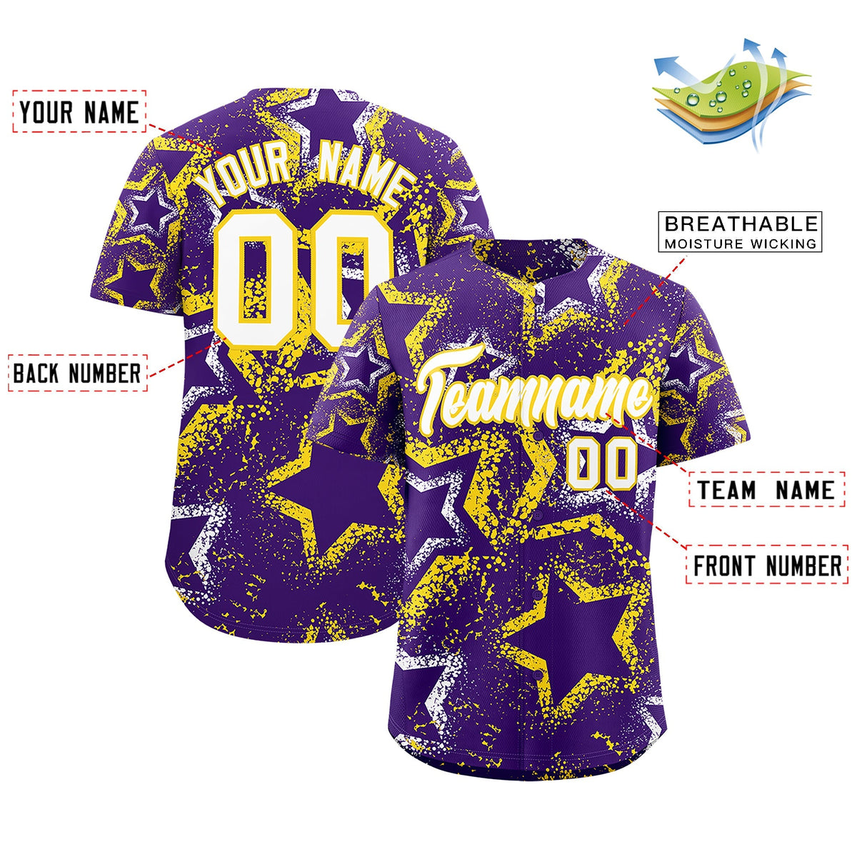 Custom Purple White Gold Star-Shaped Ink Texture Graffiti Pattern Baseball Jersey | Sublimation Printed & Stitched,Add Name and Numbern,Perfect for Parties,Perfect for Training | KXKSHOP