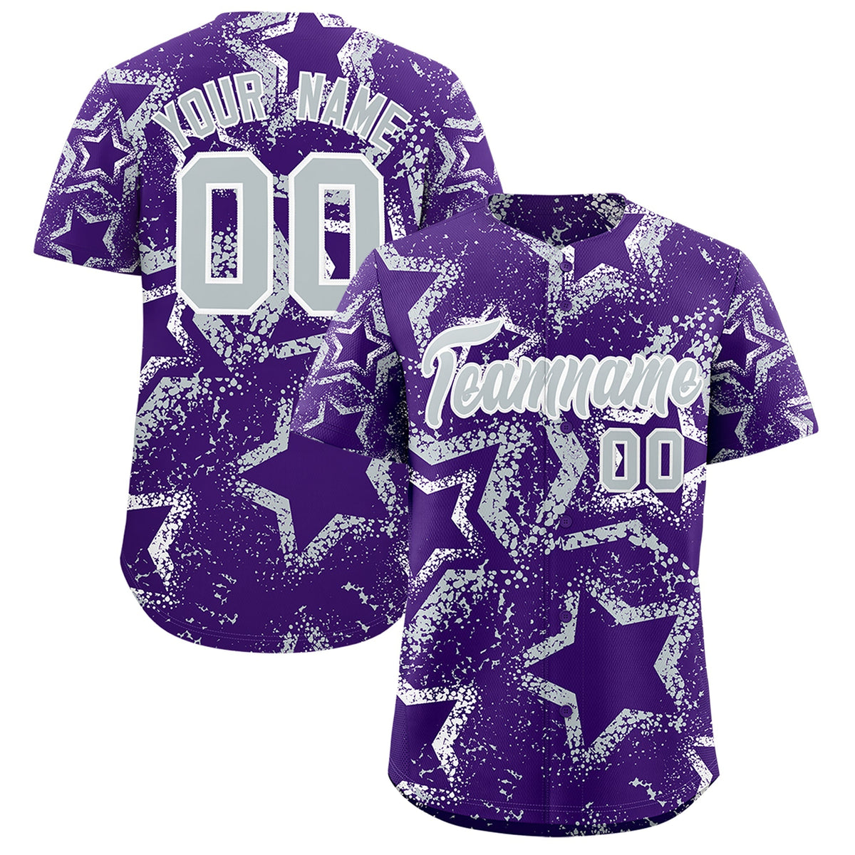 Custom Purple White Silver Star-Shaped Ink Texture Graffiti Pattern Baseball Jersey | Sublimation Printed & Stitched,Add Name and Numbern,Perfect for Parties,Perfect for Training | KXKSHOP