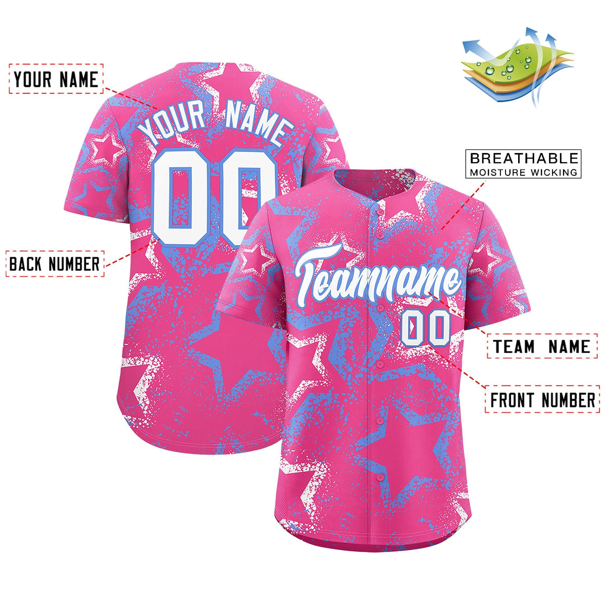 Custom Pink White Light Blue Star-Shaped Ink Texture Graffiti Pattern Baseball Jersey | Sublimation Printed &amp; Stitched,Add Name and Numbern,Perfect for Parties,Perfect for Training | KXKSHOP