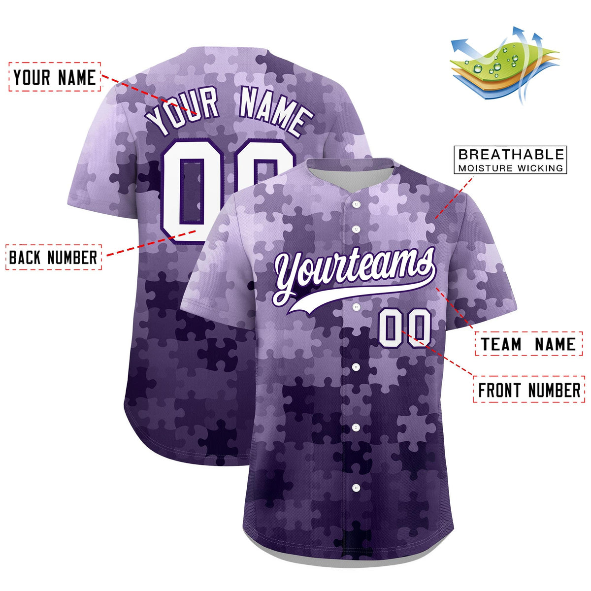 Custom White Purple Puzzle Elements Baseball Jersey | Sublimation Printed &amp; Stitched,Add Name and Numbern,Perfect for Teams | KXKSHOP
