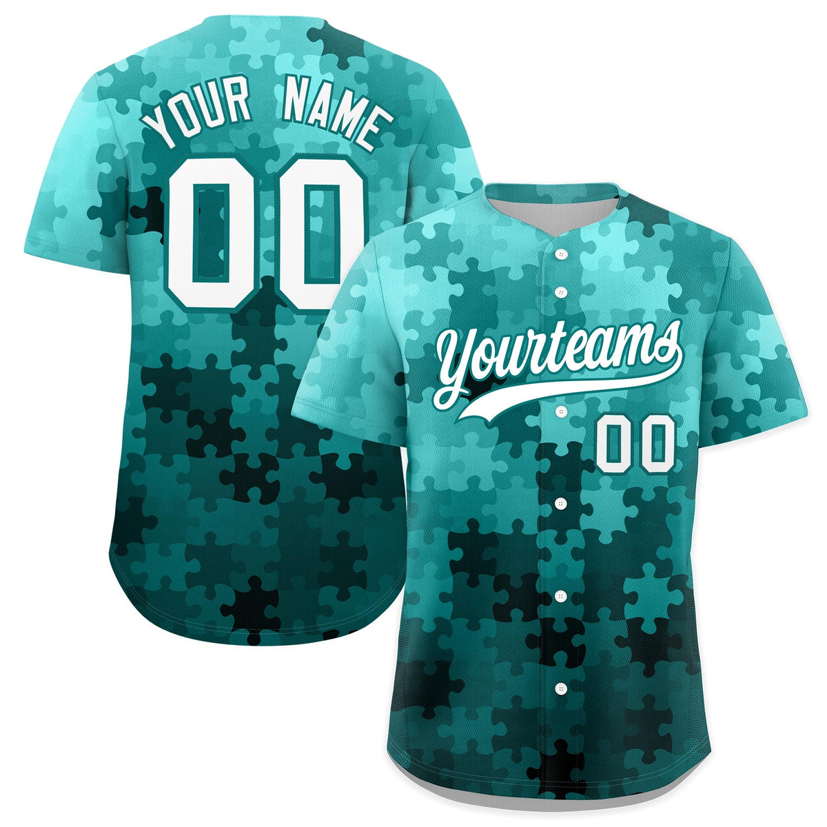 Custom White Aqua Puzzle Elements Baseball Jersey | Sublimation Printed &amp; Stitched,Add Name and Numbern,Perfect for Teams | KXKSHOP
