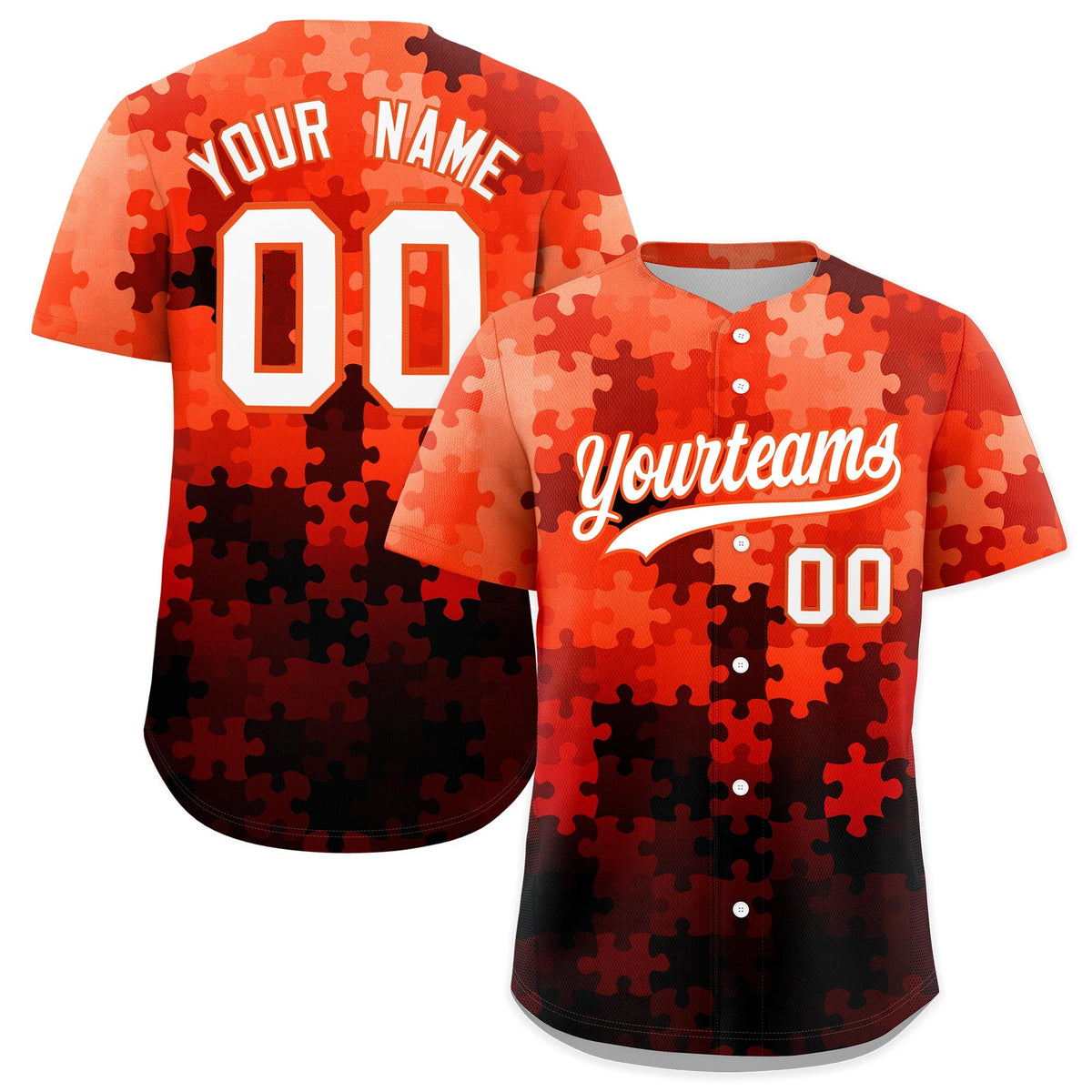 Custom White Orange Puzzle Elements Baseball Jersey | Sublimation Printed &amp; Stitched,Add Name and Numbern,Perfect for Teams | KXKSHOP