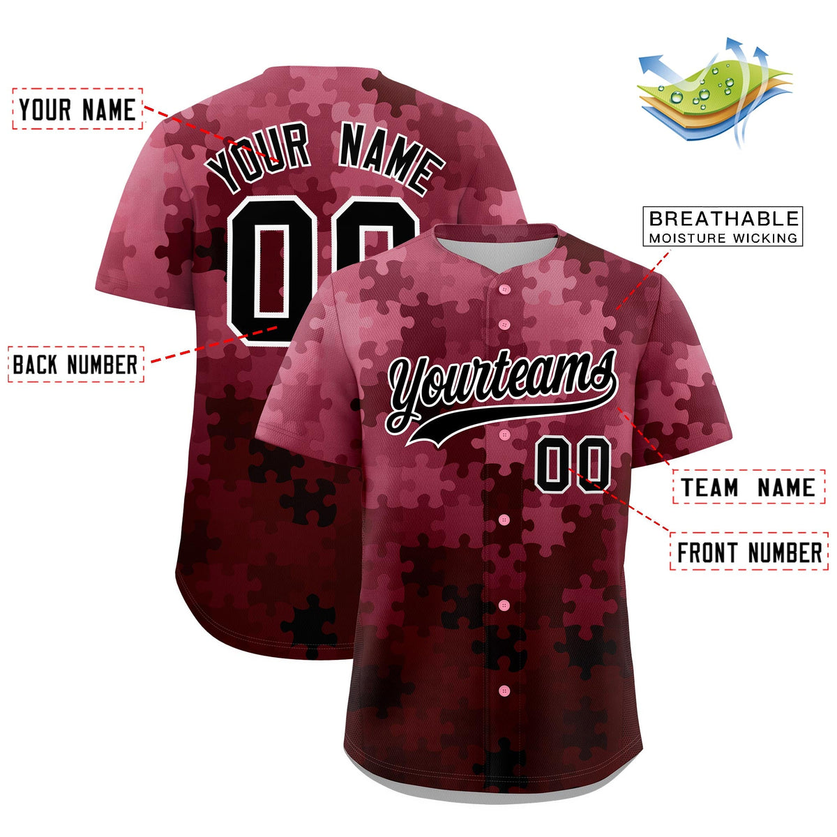 Custom White Black Puzzle Elements Baseball Jersey | Sublimation Printed &amp; Stitched,Add Name and Numbern,Perfect for Teams | KXKSHOP