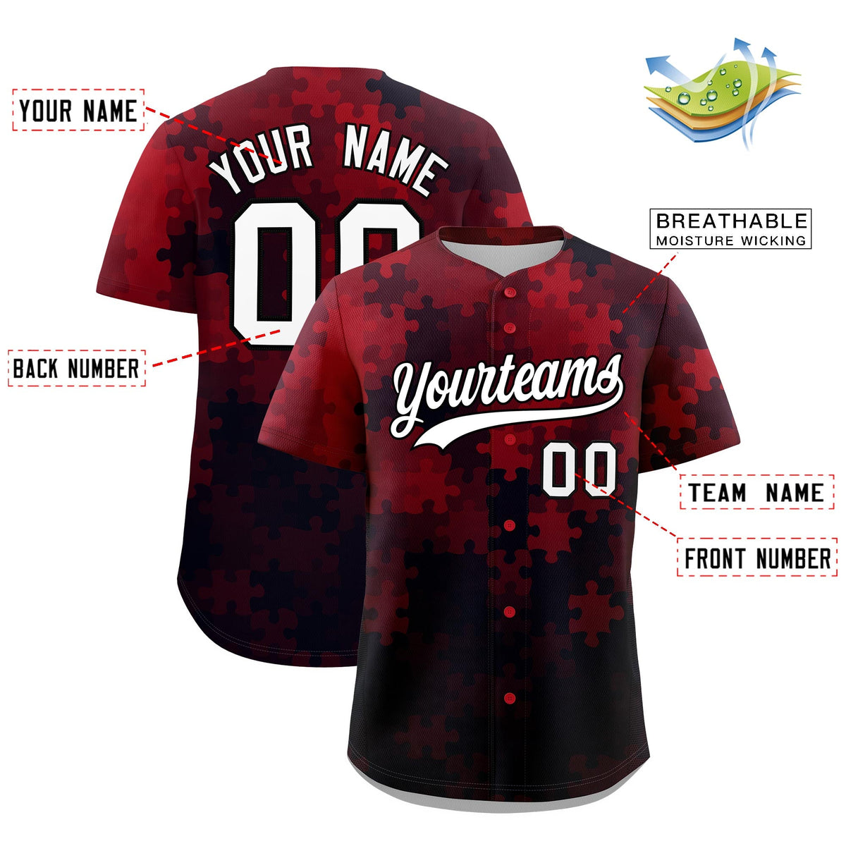 Custom Red White Black Puzzle Elements Baseball Jersey | Sublimation Printed &amp; Stitched,Add Name and Numbern,Perfect for Teams | KXKSHOP
