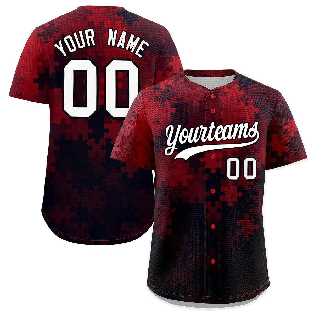 Custom Red White Black Puzzle Elements Baseball Jersey | Sublimation Printed &amp; Stitched,Add Name and Numbern,Perfect for Teams | KXKSHOP
