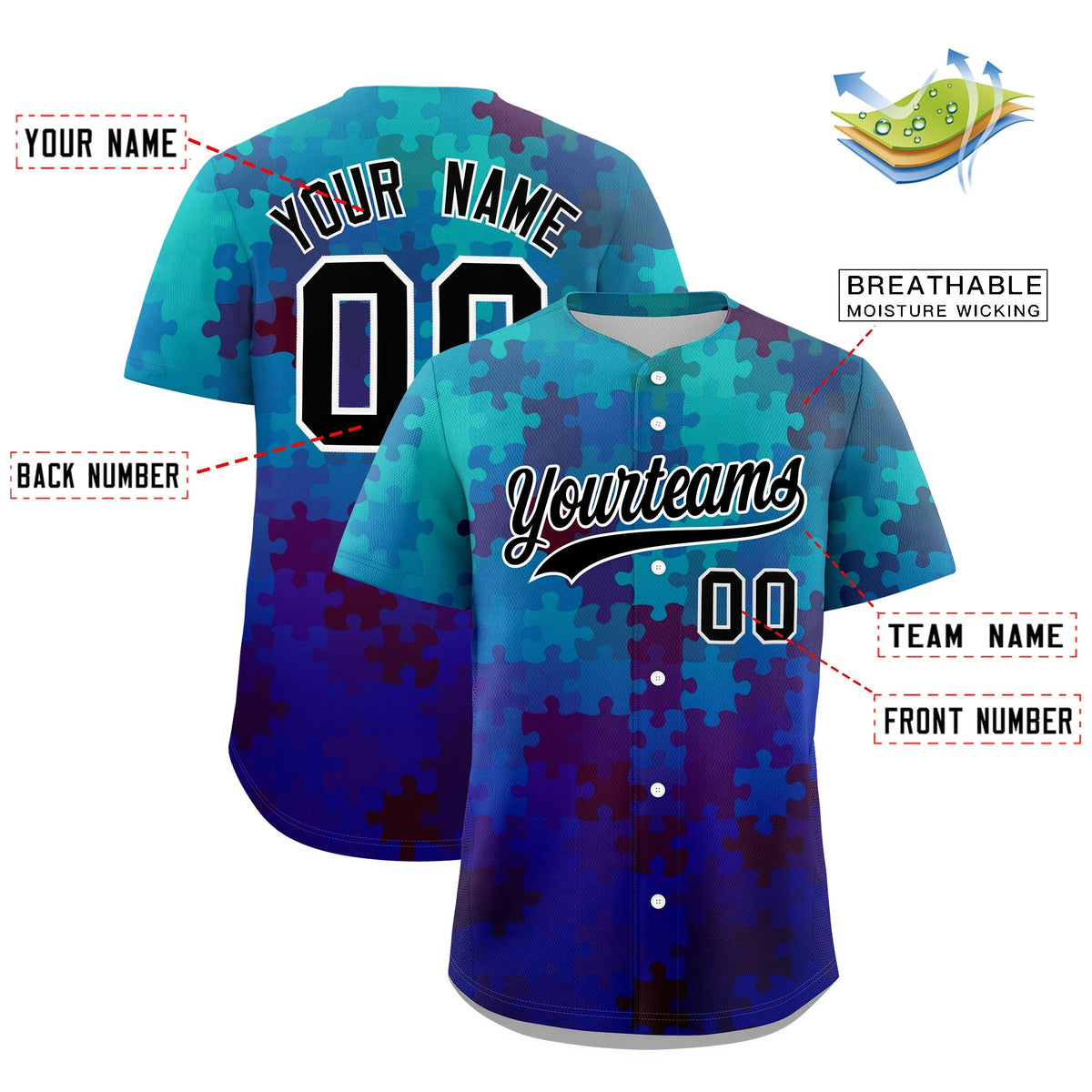 Custom Blue Black White Puzzle Elements Baseball Jersey | Sublimation Printed &amp; Stitched,Add Name and Numbern,Perfect for Teams | KXKSHOP