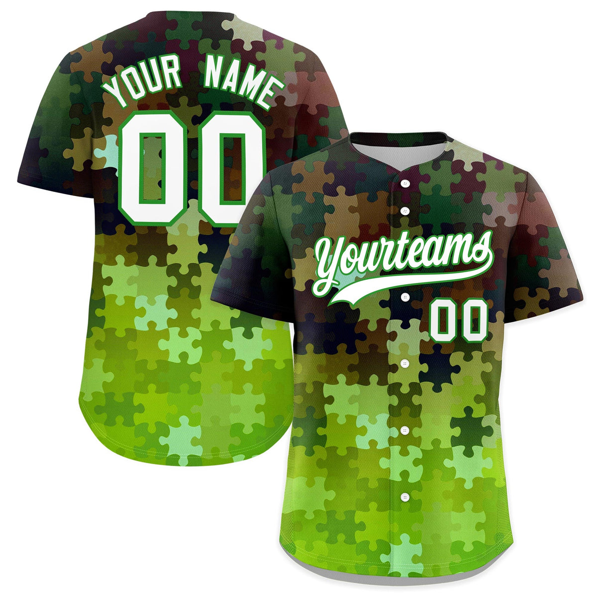 Custom Light Green White Puzzle Elements Baseball Jersey | Sublimation Printed &amp; Stitched,Add Name and Numbern,Perfect for Teams | KXKSHOP