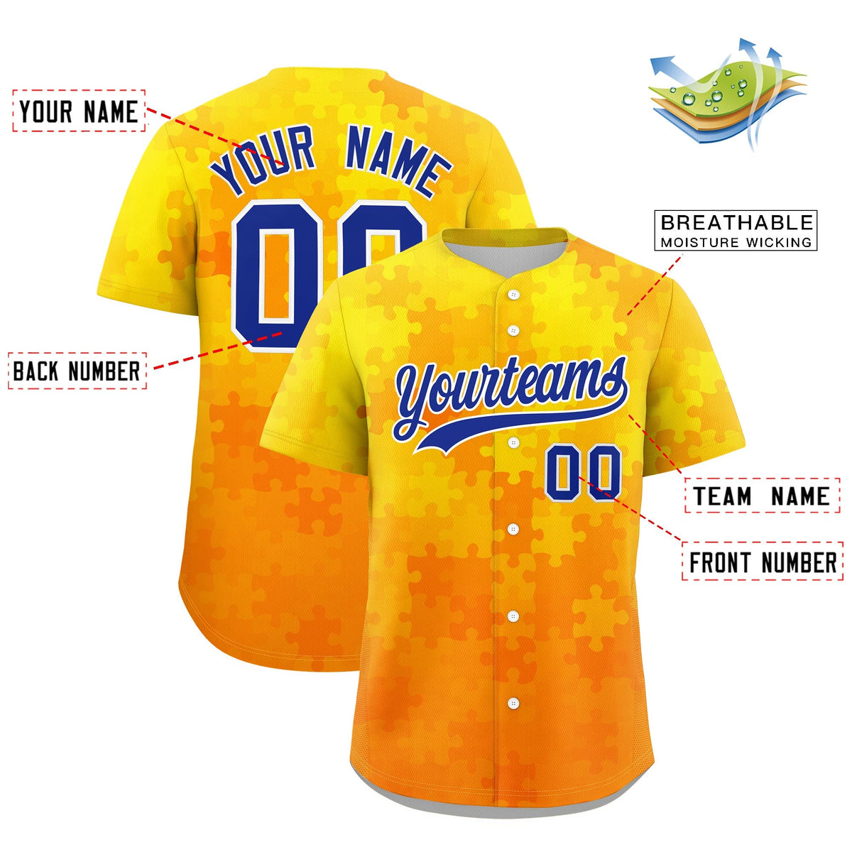 Custom Yellow Royal Blue White Puzzle Elements Baseball Jersey | Sublimation Printed &amp; Stitched,Add Name and Numbern,Perfect for Teams | KXKSHOP