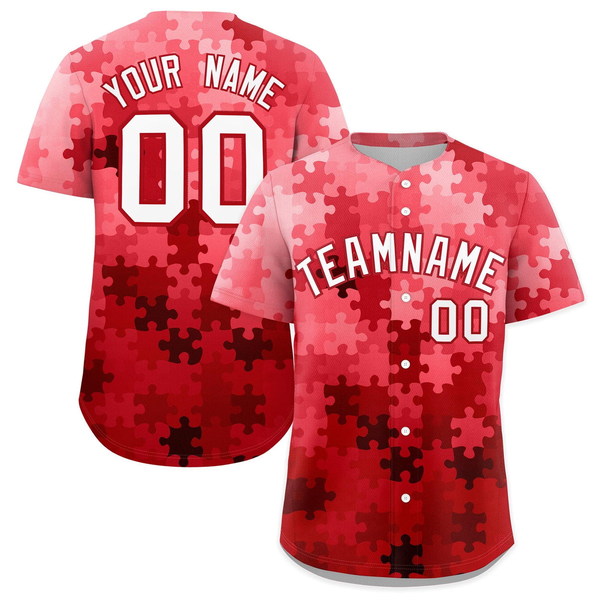 Custom Red White Puzzle Elements Baseball Jersey | Sublimation Printed &amp; Stitched,Add Name and Numbern,Perfect for Teams | KXKSHOP