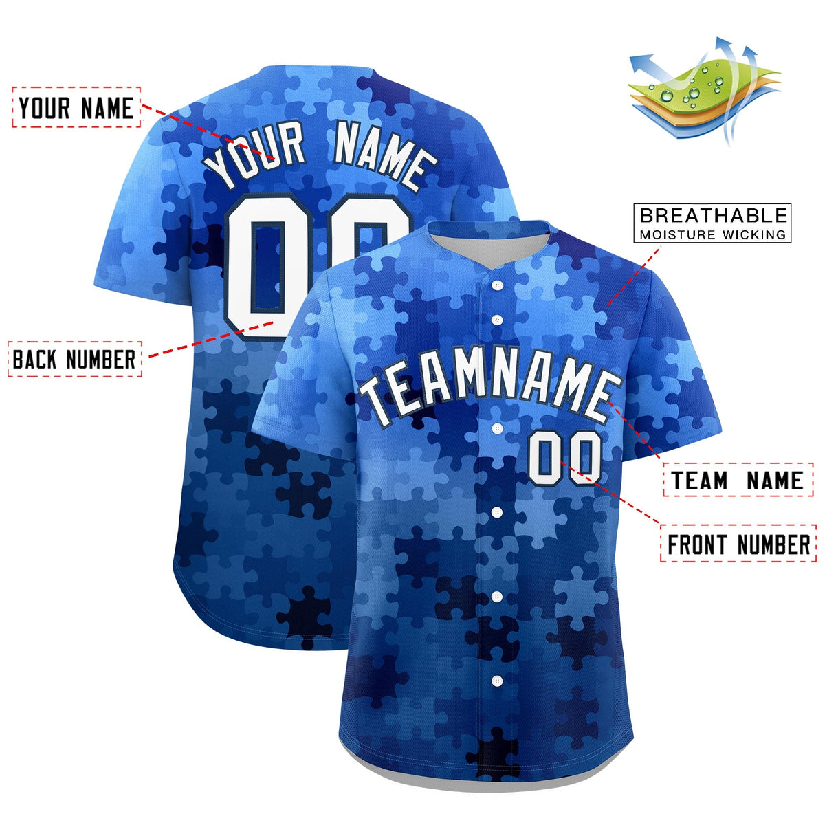 Custom White Midnight Blue Puzzle Elements Baseball Jersey | Sublimation Printed &amp; Stitched,Add Name and Numbern,Perfect for Teams | KXKSHOP