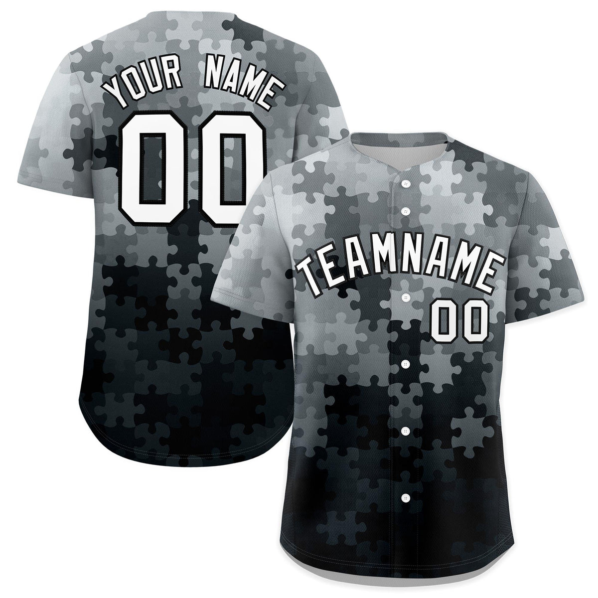 Custom Black White Puzzle Elements Baseball Jersey | Sublimation Printed &amp; Stitched,Add Name and Numbern,Perfect for Teams | KXKSHOP