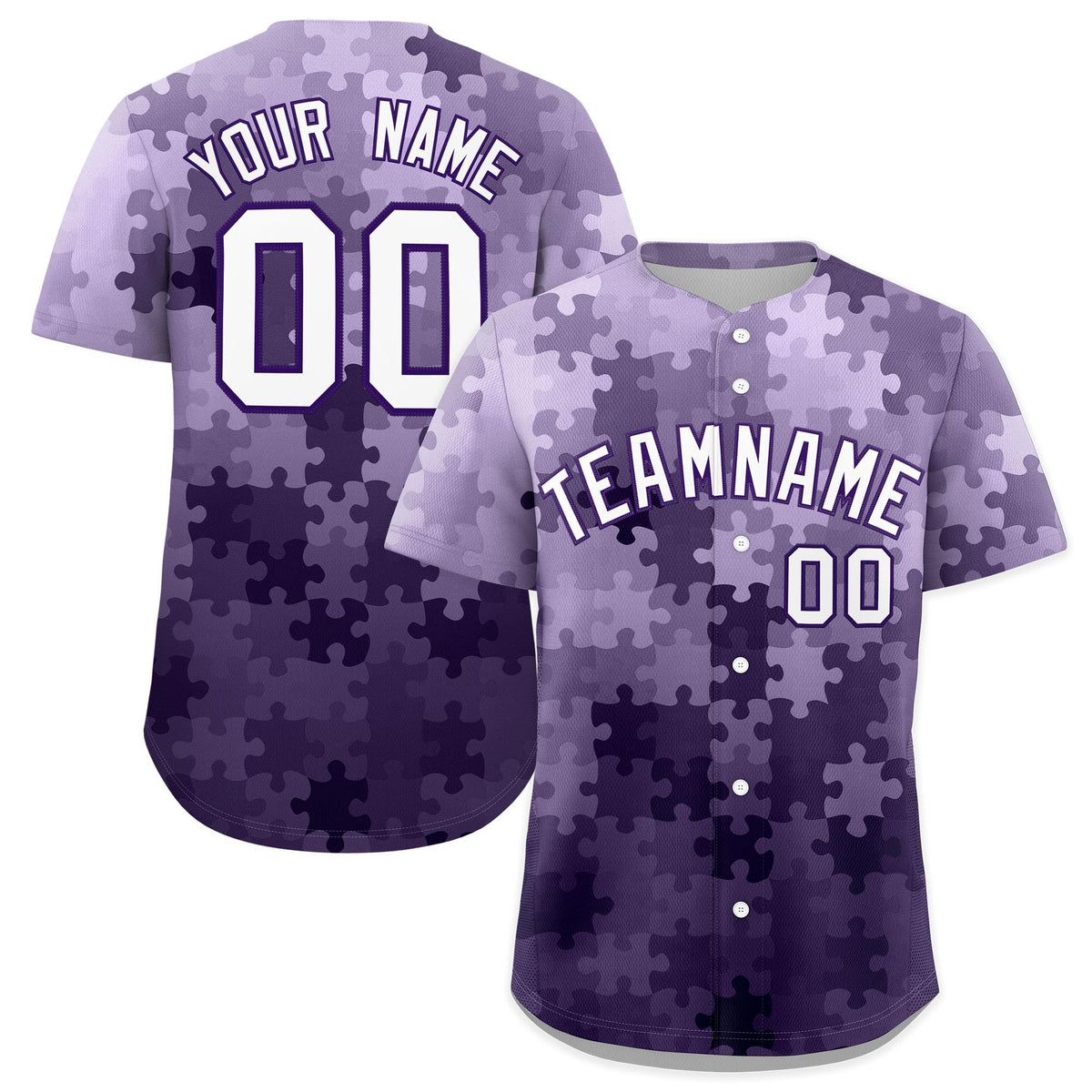 Custom White Purple Puzzle Elements Baseball Jersey | Sublimation Printed &amp; Stitched,Add Name and Numbern,Perfect for Teams | KXKSHOP